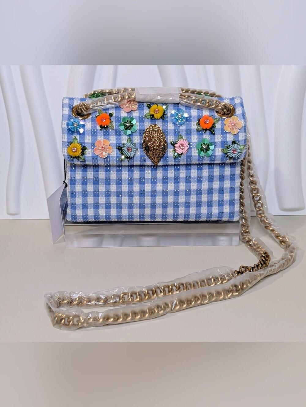 NWT Kurt Geiger Mini Kensington Flower Gingham Crystal Bag
